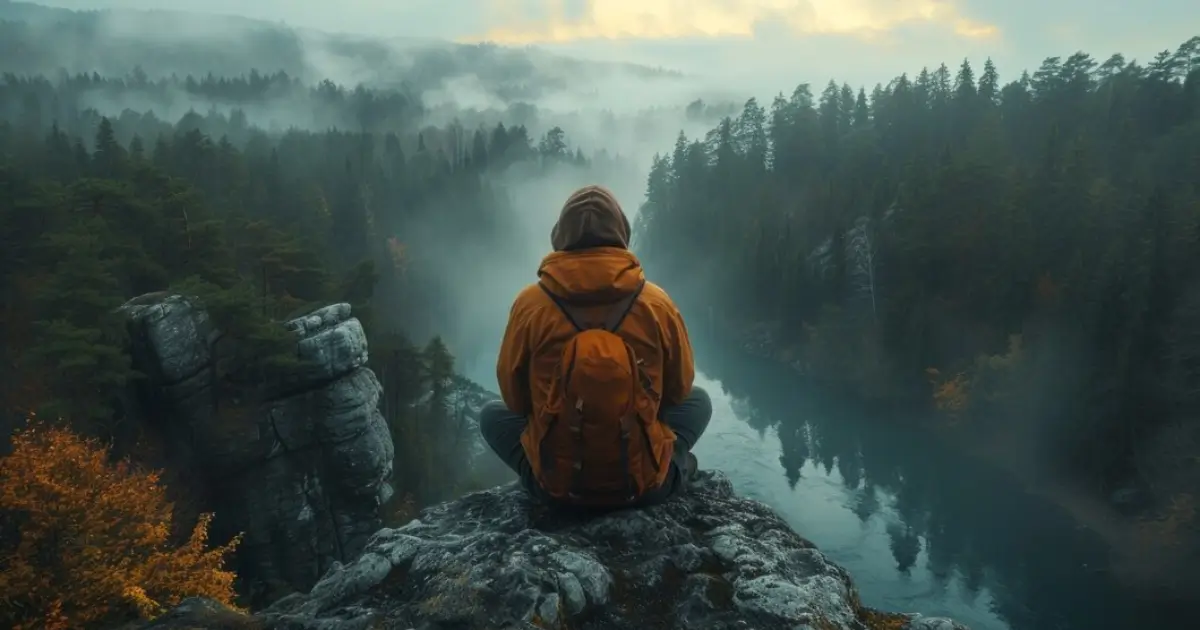 a men sitting on the top of mountain and enjoying of being alone