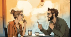 two introvert men & women are talking in a cafe